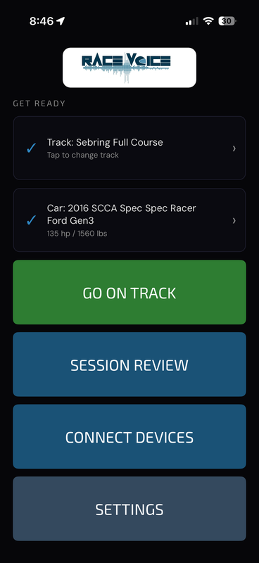 RaceVoice home screen showing the Get Ready car and track cards