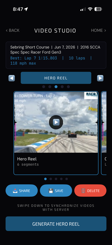 Video Studio with Best Lap, Hero, Bloopers, Side-by-Side, and Full clip modes