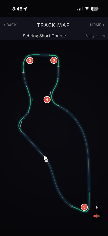 The Track Map for Sebring Short Course, the lap broken into numbered segments highlighted in green along the GPS line, with a compass and direction-of-travel marker.