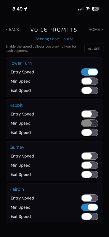 The Voice Prompts screen for Sebring Short Course: each named segment — Tower Turn, Rabbit, Gurney, Hairpin — has Entry / Min / Exit toggles you switch on for the callouts you want.